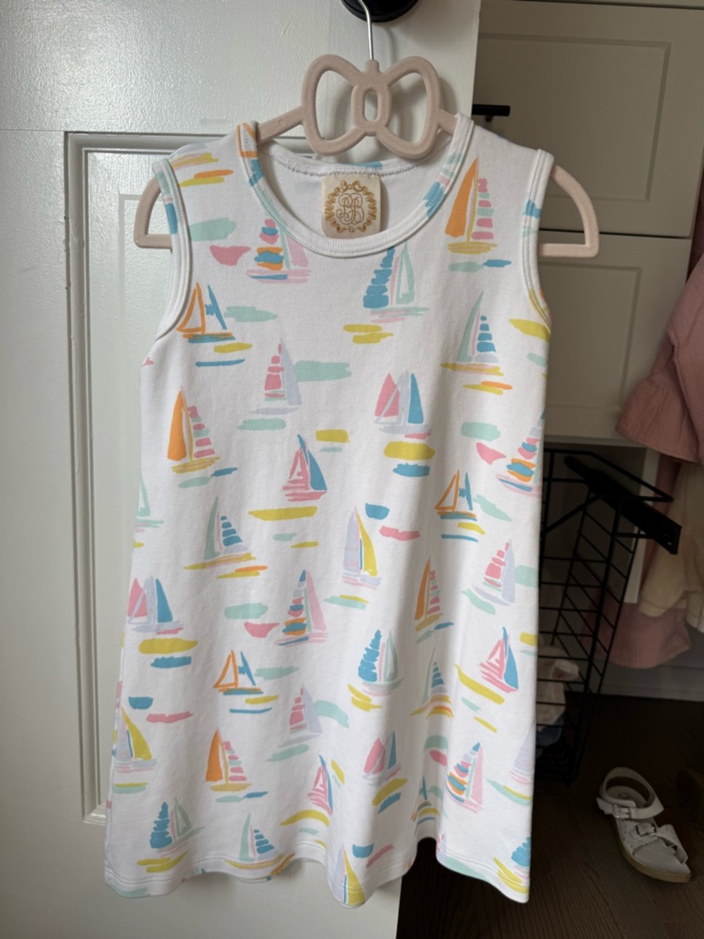 The Beaufort Bonnet Company White Kids Sailboat Print Dress with Pastel Accents
